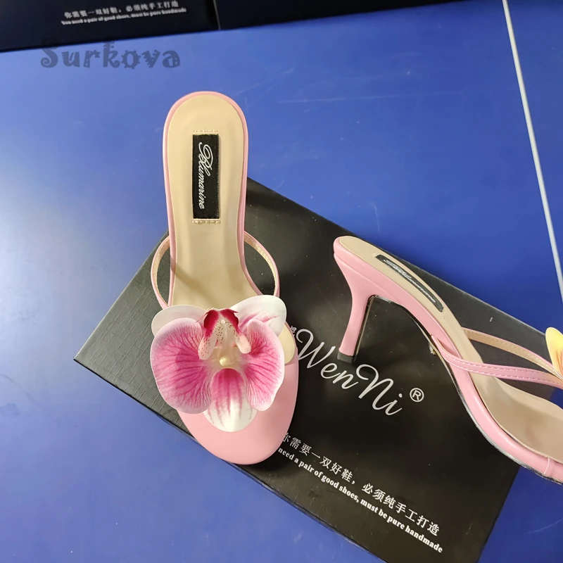 Pink Flower Decoration Pumps Fashion Stilettos High Heels Flip Flops Casual Women's Shoes Sweet Round Toe Kitten Heel Slippers