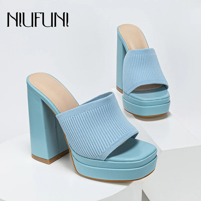 

NIUFUNI Platform Peep Toe Knitted Elastic Women's Slippers Thick High Heels Solid Color Slip On Slides Summer Muller Shoes Pumps