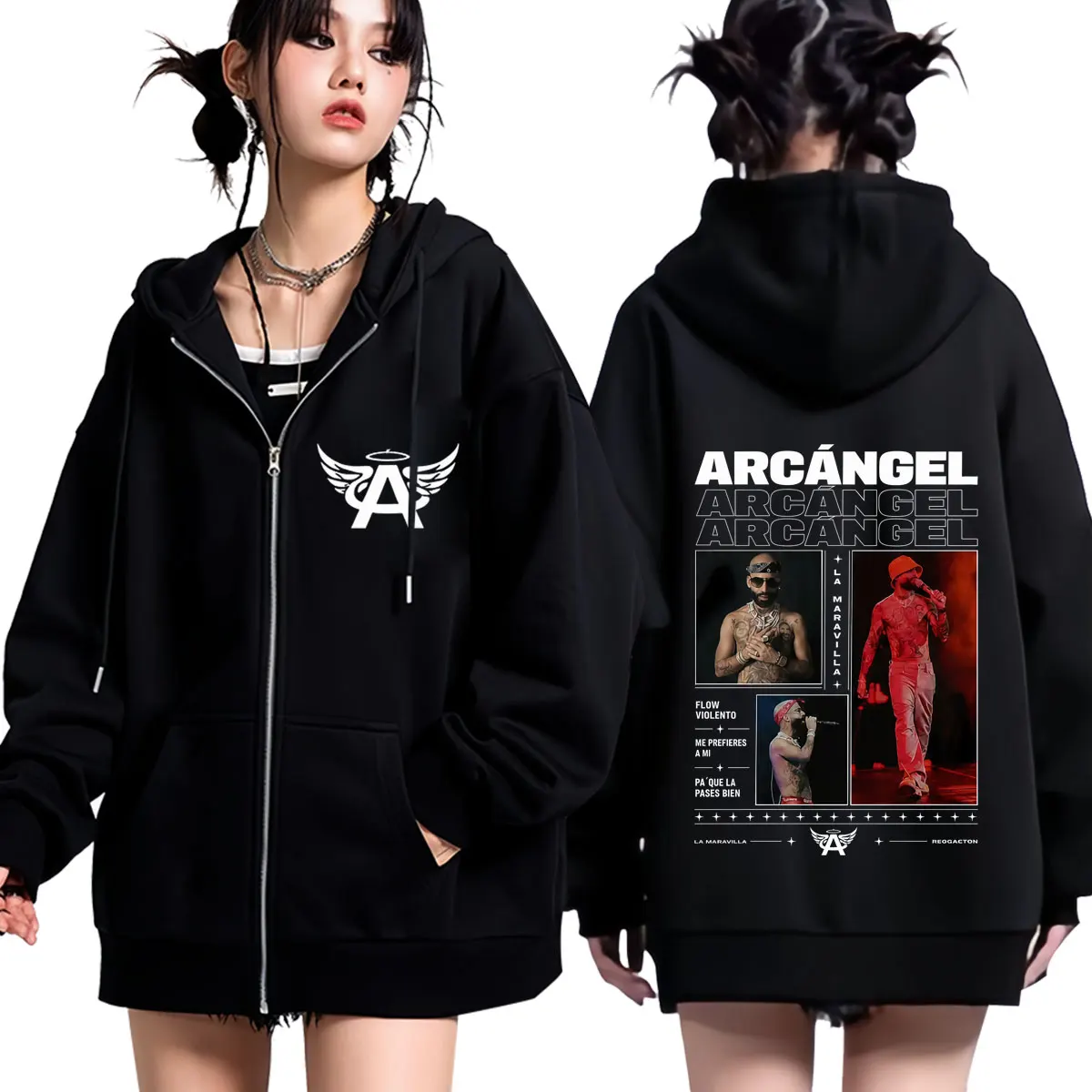 Фото Худи на молнии Arcangel La 8va Maravilla Album 2026 Tour с принтом, унисекс, модные толстовки, свободный крой, повседневная куртка на молнии оверсайз. №1
