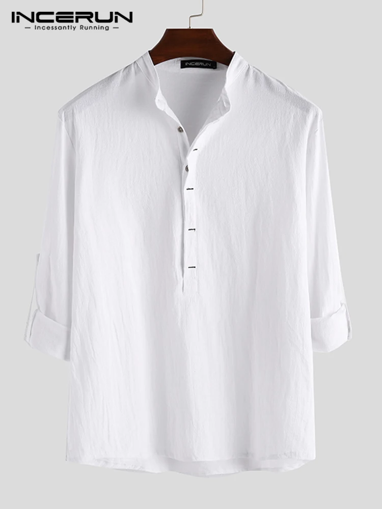 INCERUN Tops Men Solid Collar Harajuku Long Sleeve Shirts Leisure Breathable Hot Sale Cotton Linen Blouse Camisa Masculina 2022