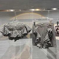 2022 summer plaid skirts sets women new black and white plaid halter strap flying edge tube top pleated skirt two pieces suit