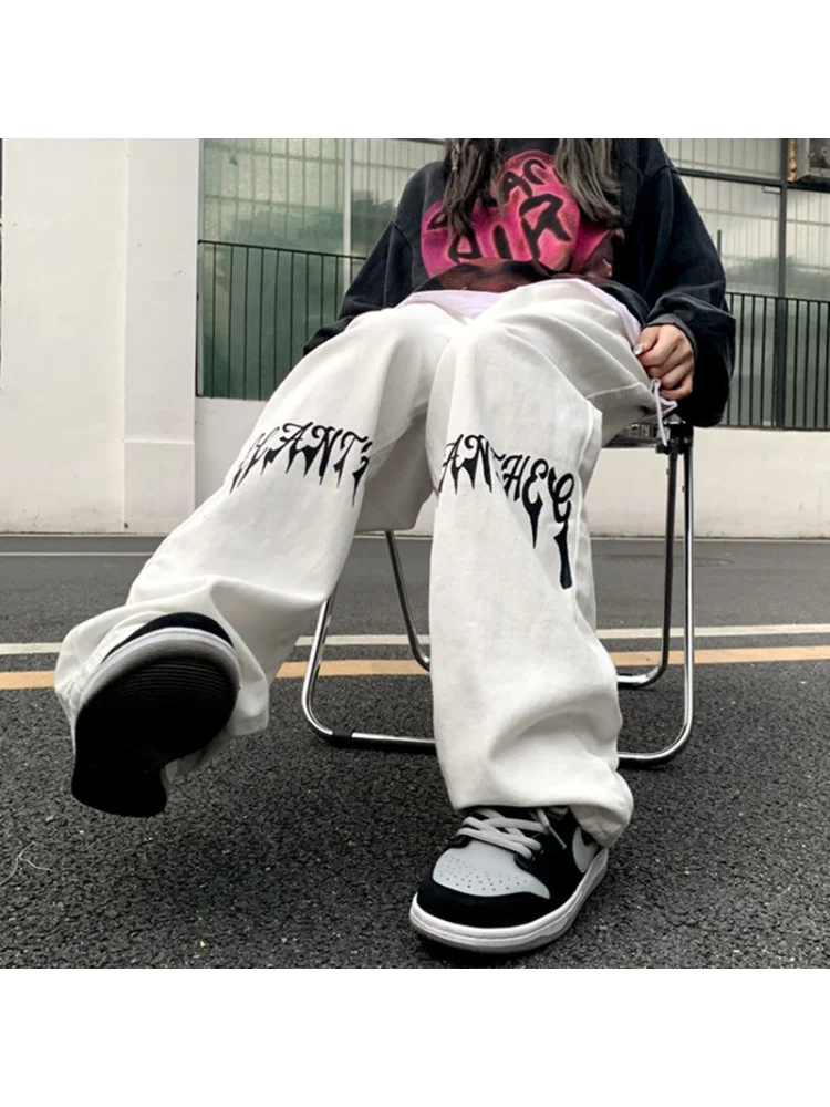 

2023 Gothic Grunge White Women Oversize Baggy Jeans Streetwear Print Wide Leg Denim Hip Hop Pants Harajuku Black Trousers Female