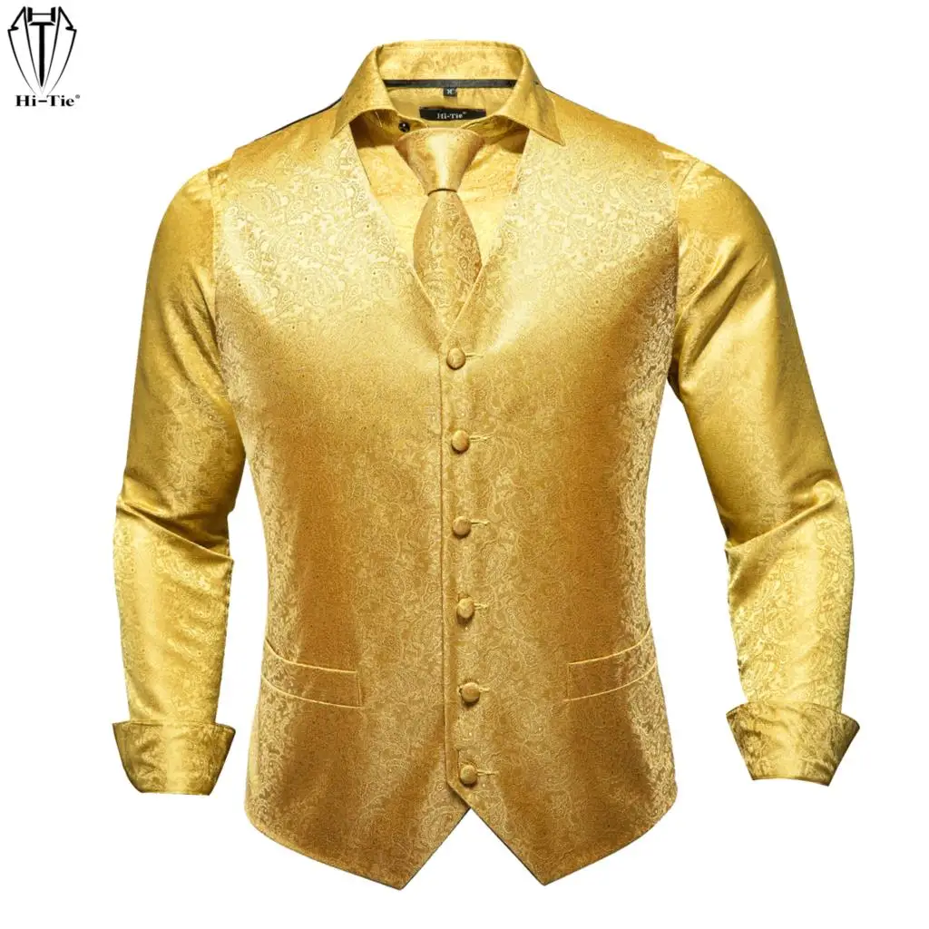 

Привет-галстук Шелковый мужской s жилет рубашки набор жаккард золотой Пейсли жилет рубашка галстук платок запонки для мужчин свадебный биз...