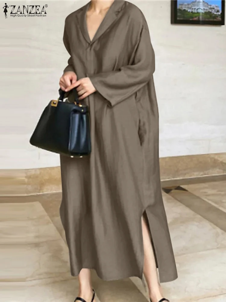 

ZANZEA Fashion Dresses For Women Autumn Elegant Long Sleeve Sundress Solid Belted Robe Female Lapel Dress Hem Split Vestidos