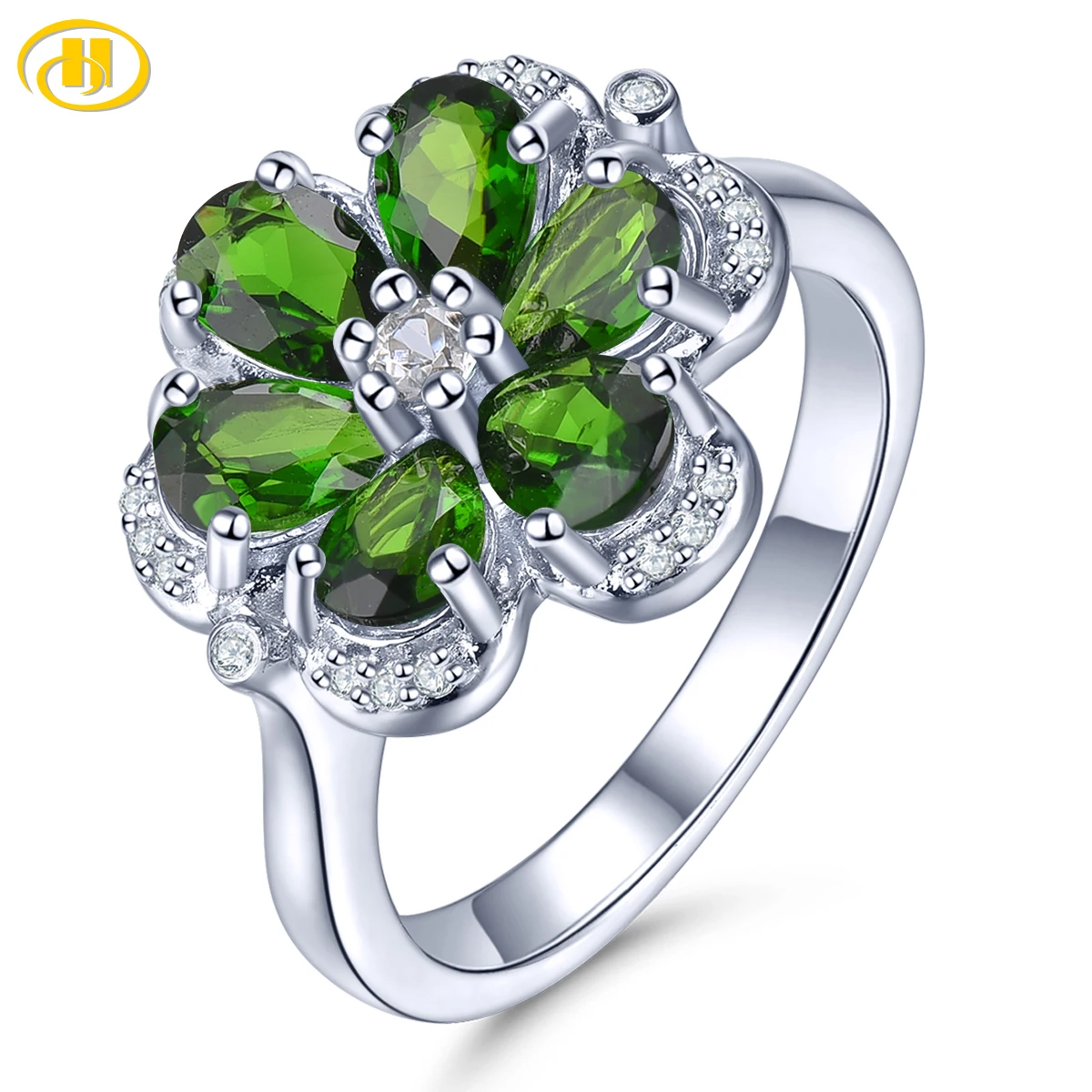 

Natural Diopside Silver Rings 3 Carats Genuine Real Chrome Diopside Gemstone Deep Green Flower Design Women Lovely Style