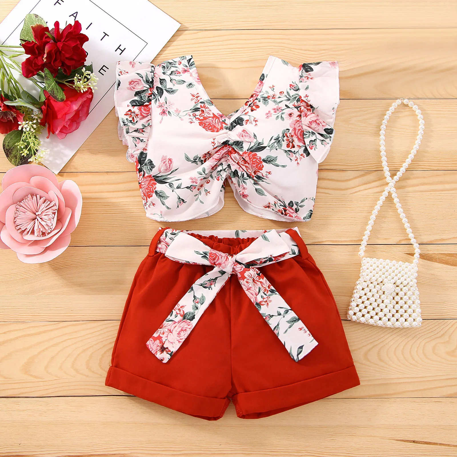 

Baby Girl Clothes Bundles Toddler Girls Sleeveless Floral Prints Ruffles Vest Tops And Shorts Outfits Baby Gift for Twin Girls