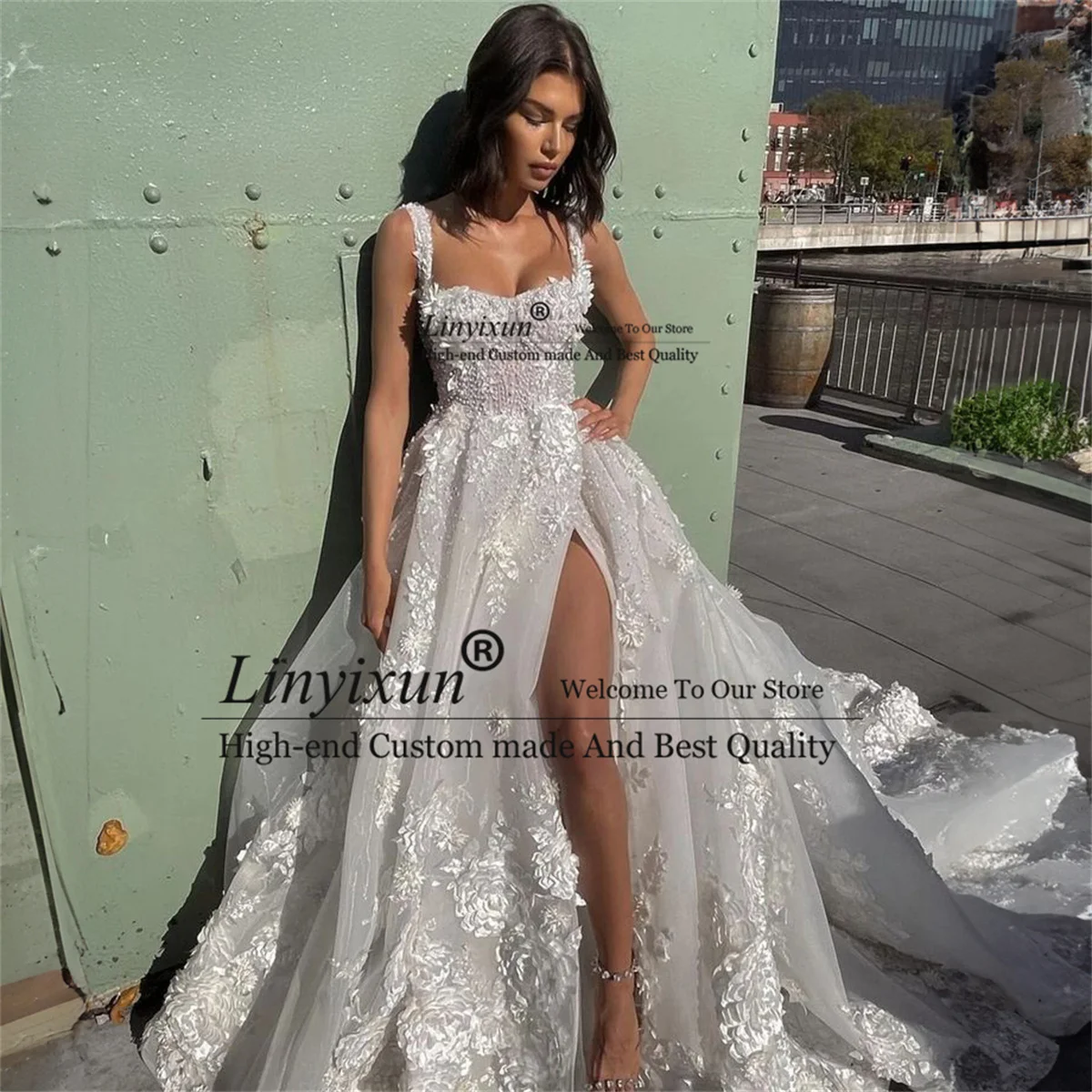 

Luxury Flowers Lace Wedding Dresses Spaghetti Strap Square Tulle Bridal Gowns Women Side Slit A-line Beading Vestidos De Novia