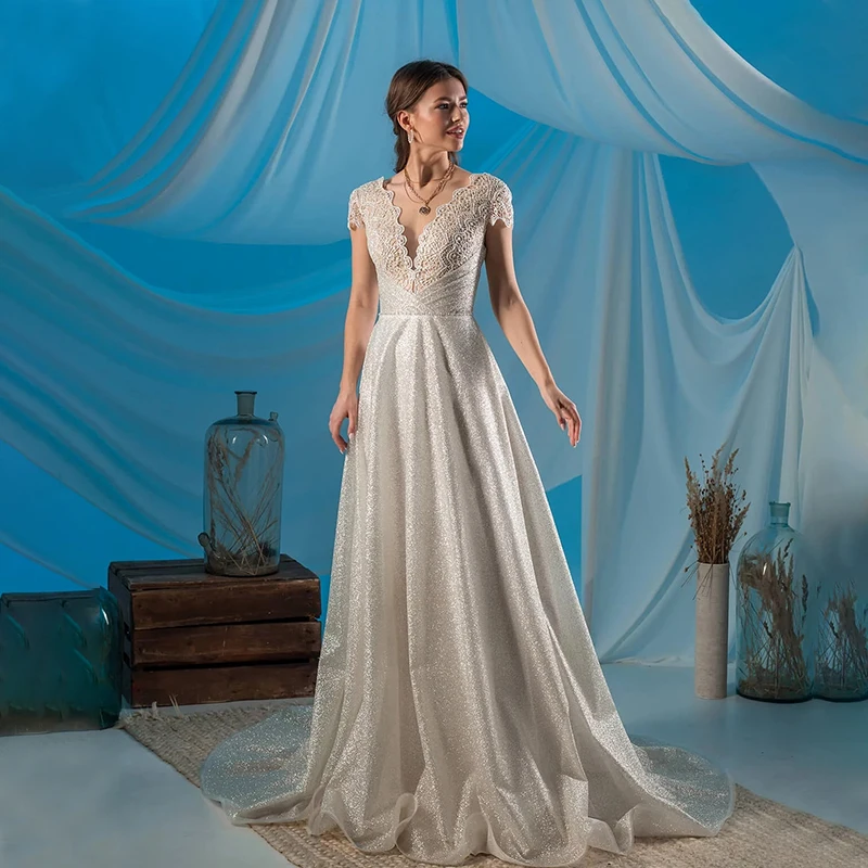 

Modest V-Neck A-Line Wedding Dresses Cap Sleeves Lace Applique Sweep Train Bridal Gowns Robe De Soiree