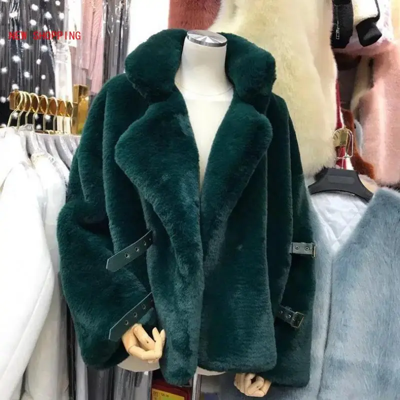 Luxurious Faux Fur Coat for Women Fashion Fluffy Rabbit Fur Jackets Overcoat Thick Warm Tops Female Artificial Sheepskin Coats