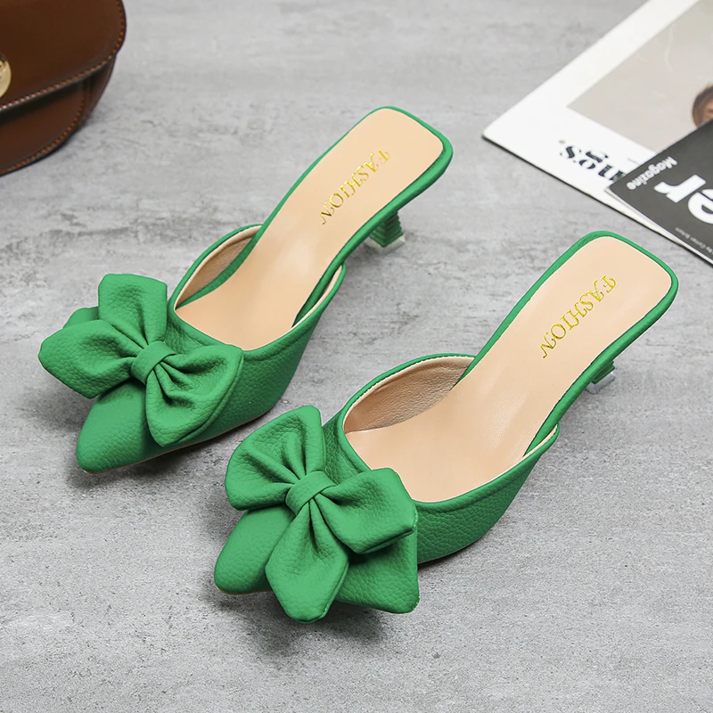 

Pointed Toe High Heels Muller Slippers Women New Summer Shoes Woman Fashion Butterfly-knot Shallow Party Pumps Women Shoes