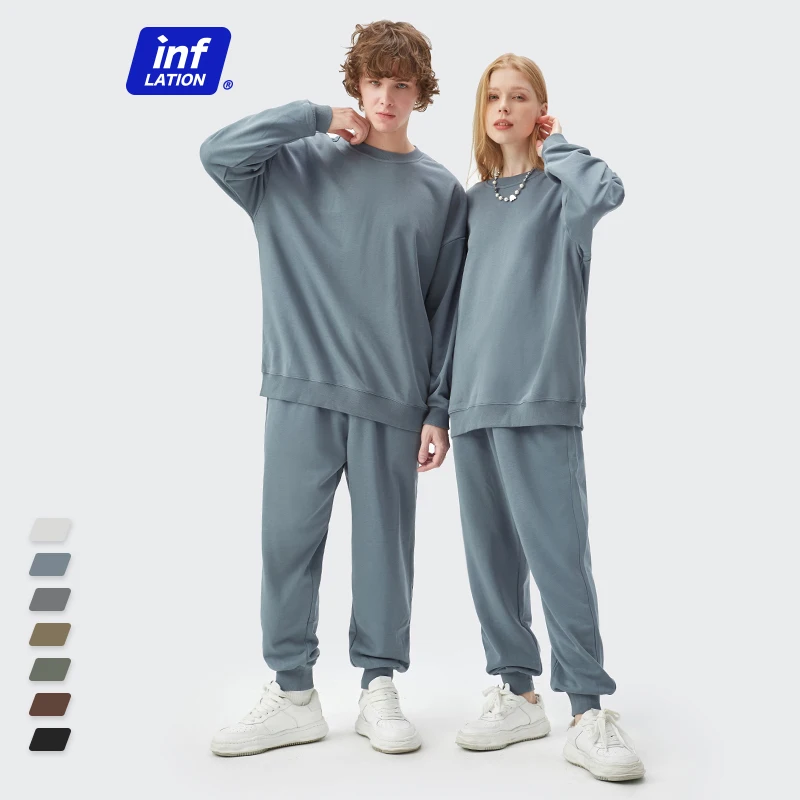 INFLATION-Conjunto de chándal a juego para hombre y mujer, conjunto de sudadera y pantalones de chándal de talla grande, color gris, primavera de 2022