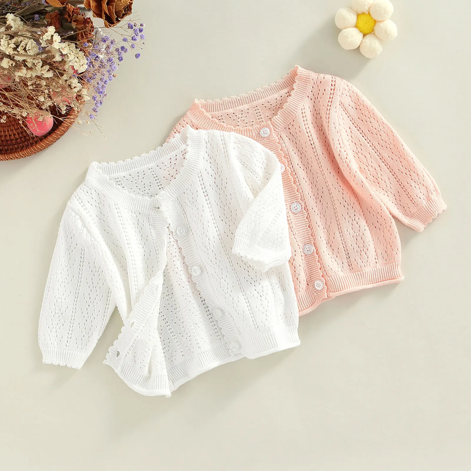 

Infant Baby Girl Sweet Cardigan Solid Color Round Neck Long Sleeve Knitted Coat Spring Summer Button-Down Sunscreen Outerwear