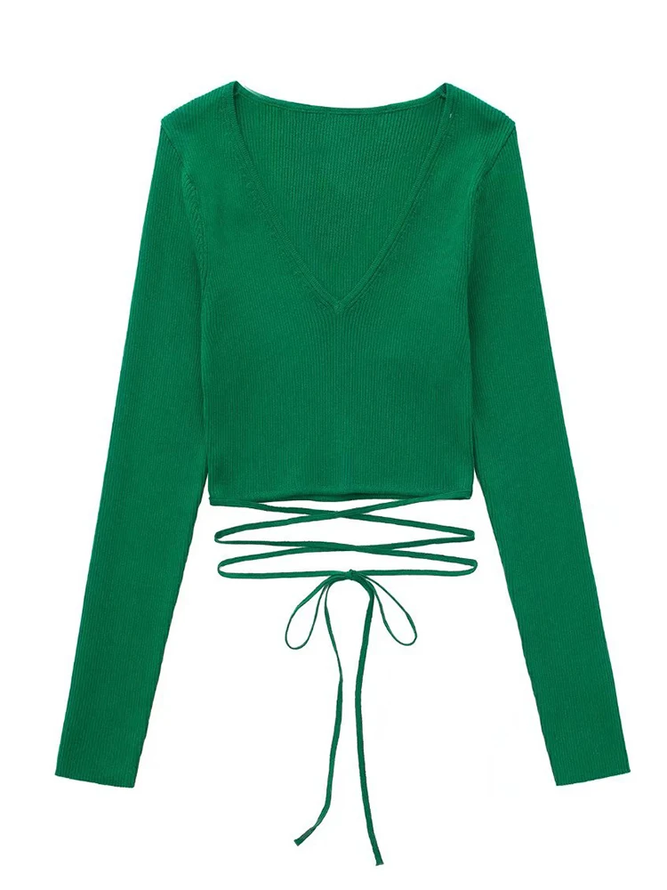 

YENKYE 2022 Fashion Women Green Crop Knitted Sweater Long Sleeve Female Slim Pullovers Chic Tops