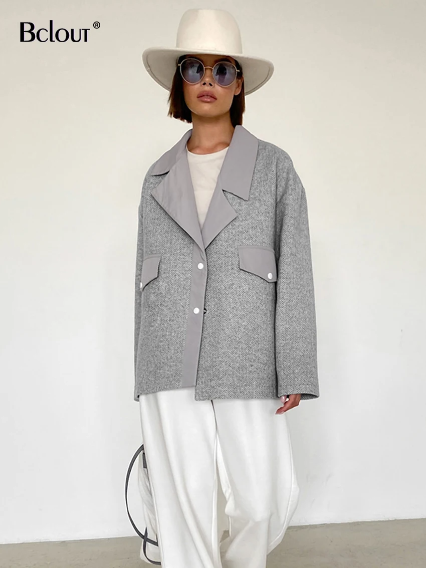 

Bclout Fashion Gray Woolen Coats Womens 2023 Elegant Patchwork Notched Collar Blazers Autumn Long Sleeve Loose Coats Female 2023