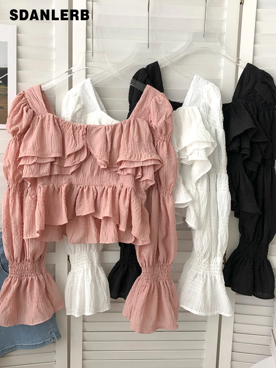 

Square Collar Off-Shoulder Bell Sleeve Pink Doll Shirt for Women 2022 Summer New Elegant Versatile Short Top Fashion Blouse