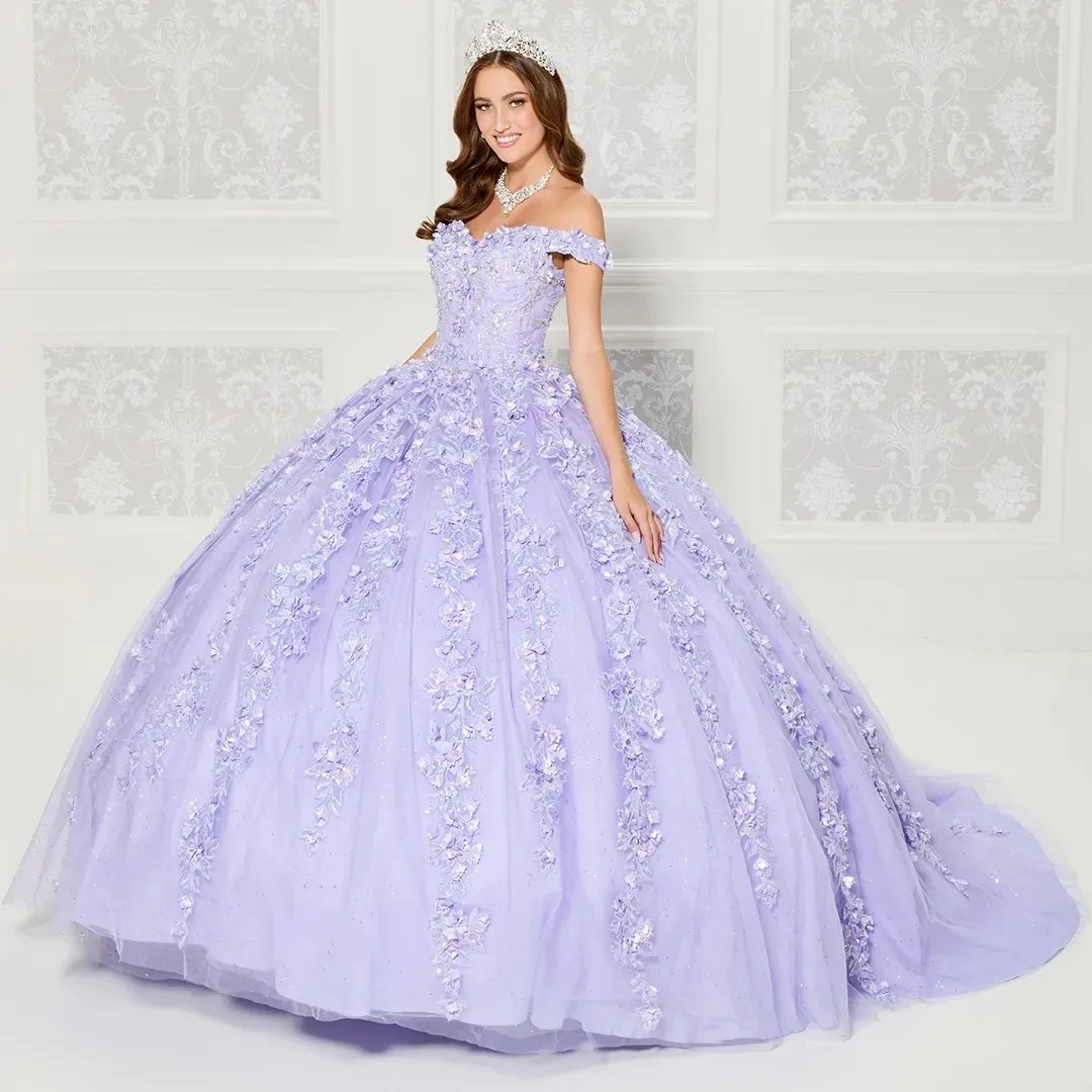 

Lavender Charro Quinceanera Dresses Ball Gown Off The Shoulder Tulle Appliques Puffy Mexican Sweet 16 Dresses 15 Anos