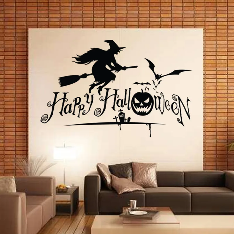 

Halloween Series Witch Glass Stickers Broom Enchanter Window Living Room Bedroom Decorative Wall Decor Removable Bat Wall Paper