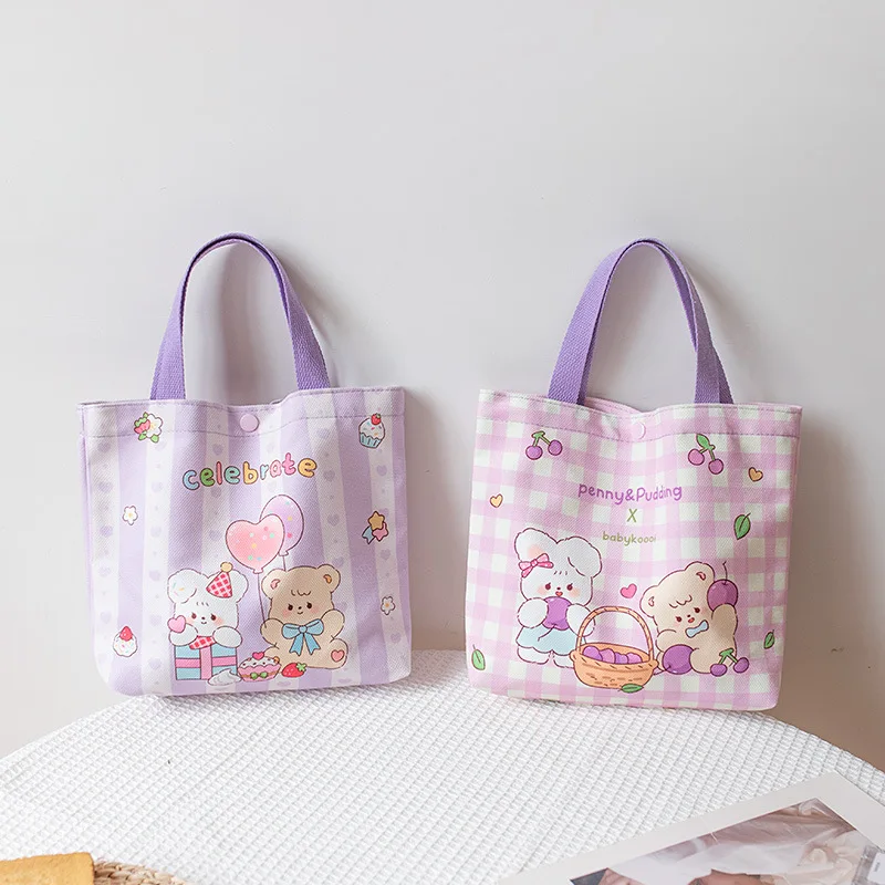 

Canvas Women Tote Bags 2023 Cartoon Bear Small Lunch Bag Cotton Cloth Girl Student Food Bag Picnic Travel Female Handbags Purses