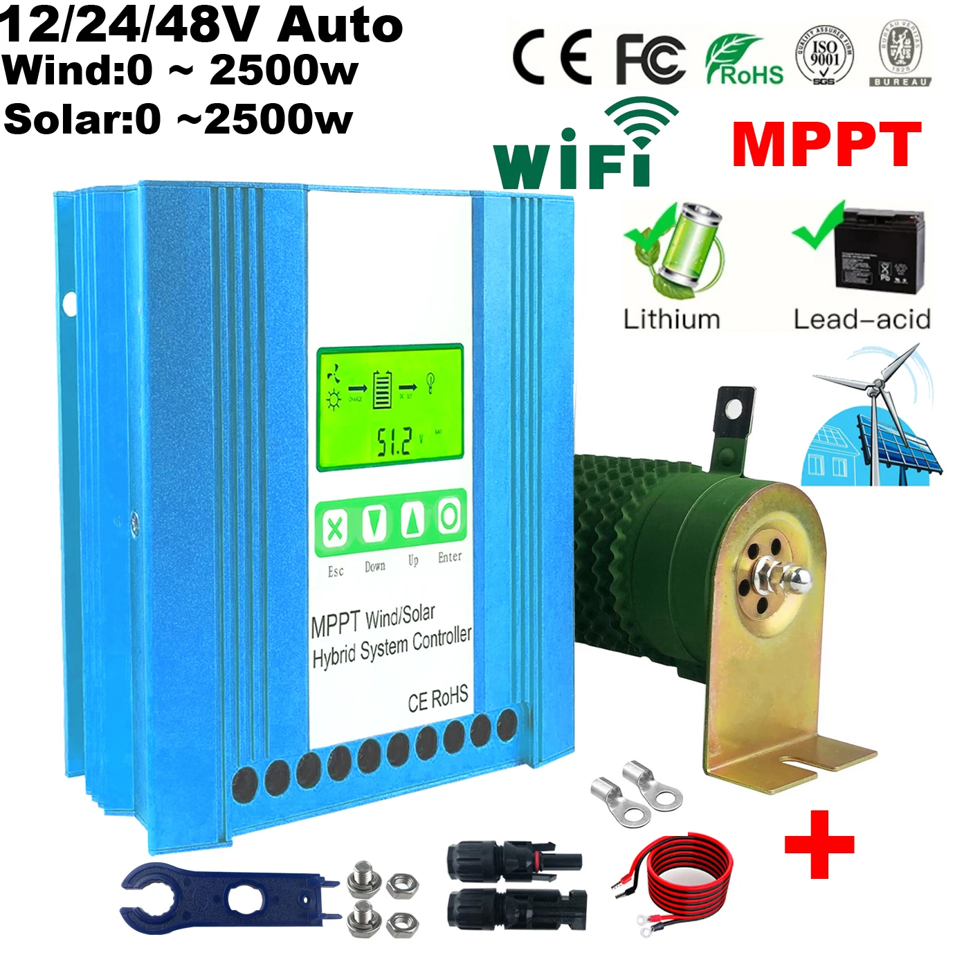 

4000W 12V 24V 48V MPPT Wind Solar Hybrid Controller Pioneer Version Charge LiFePO4 Ternary lithium Lead Acid GEL Battery