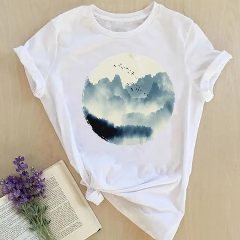 

Women Print Tops Travel 90s Trend Cloud Clothes Short Sleeve Tees Female Summer Fashion Lady Tshirt Regular Graphic T-Shirt