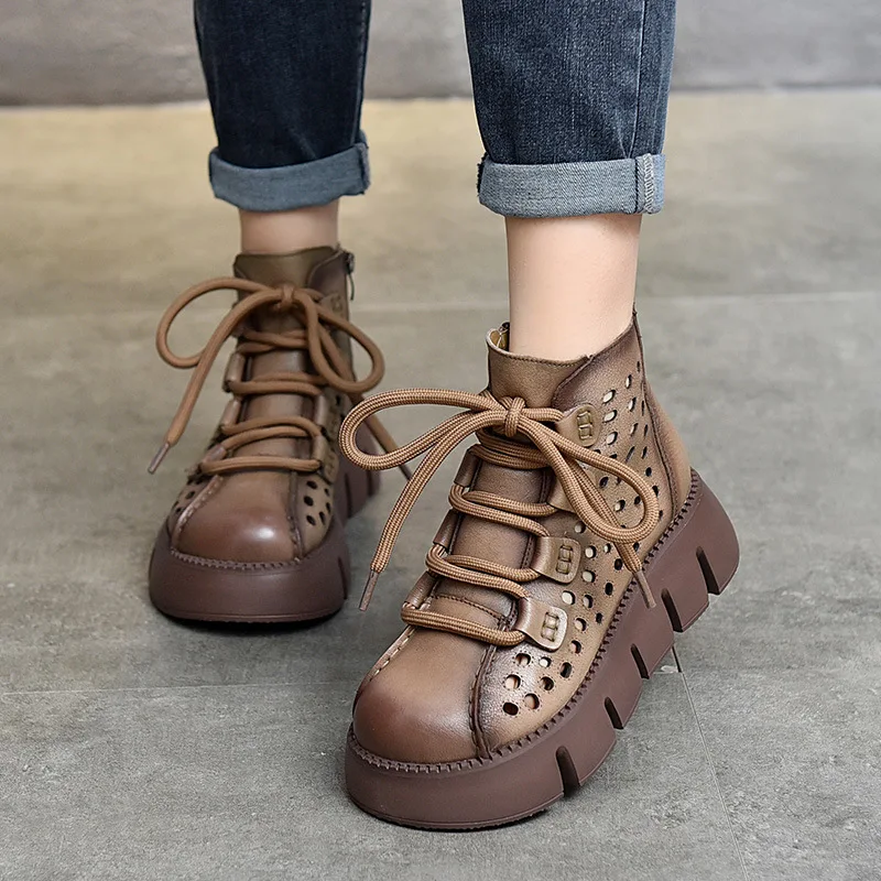 

Top layer cowhide thick bottom hollow sandals 2022 spring and summer breathable short boots leather retro women's shoes