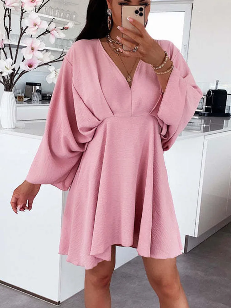 

Summer Casual Beach Cover Up 2022 Elegant V-Neck Doll Sleeve Multicolor Dress Fashion Solid Color Slim Waist Short Dress