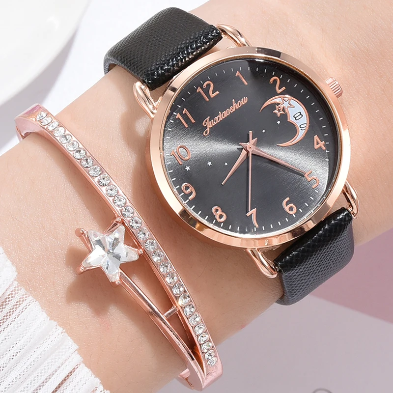

Printed Moon Luxury Women Fashion Watches Simple Female Dress Wristwatches Classical Design Ladies Quartz Leather Watch