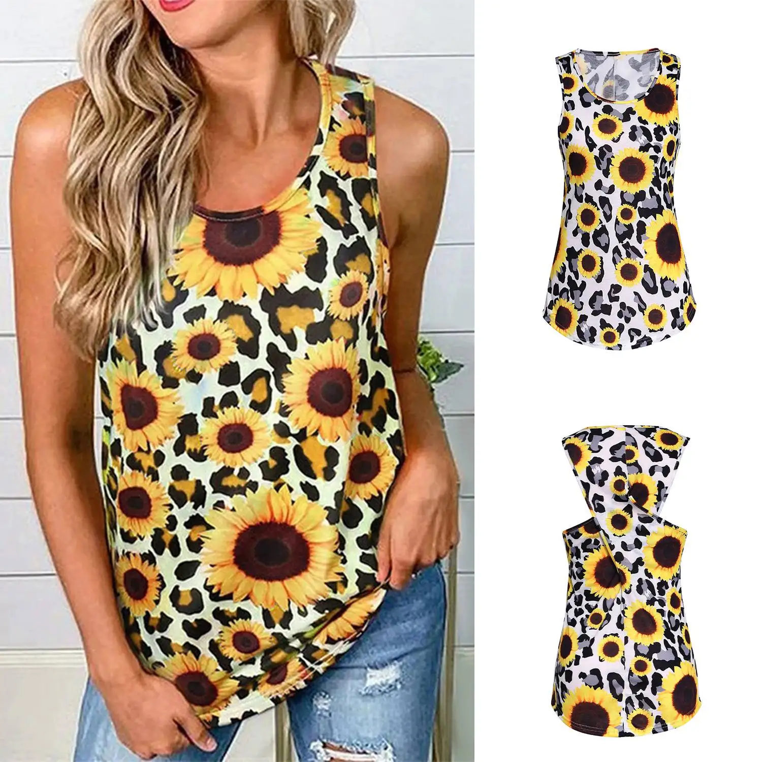 

Women's New U-Neck Leopard Print Sunflower Print Open Back Hollow Sleeveless Top