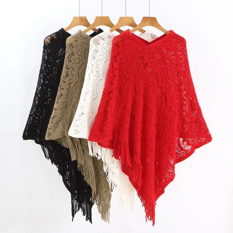 

2022 New Spring And Autumn Fringed Cloak Sweater Coat Hollow Bat Cape
