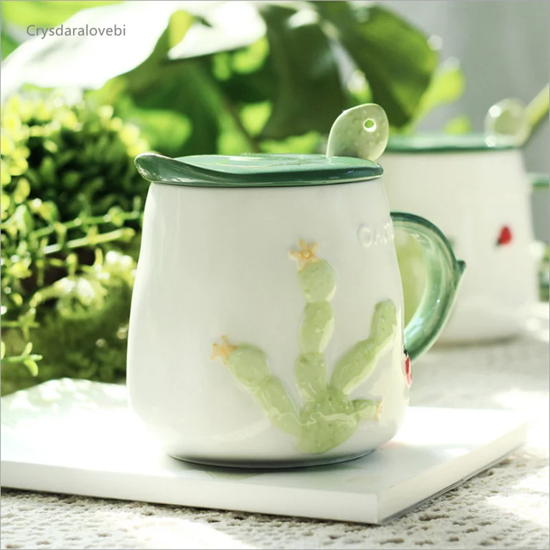 

Creative Ceramic Mug Nordic INS Cactus Spoon with Cover Coffee Cup Cute Water Cup Milk Breakfast Cup