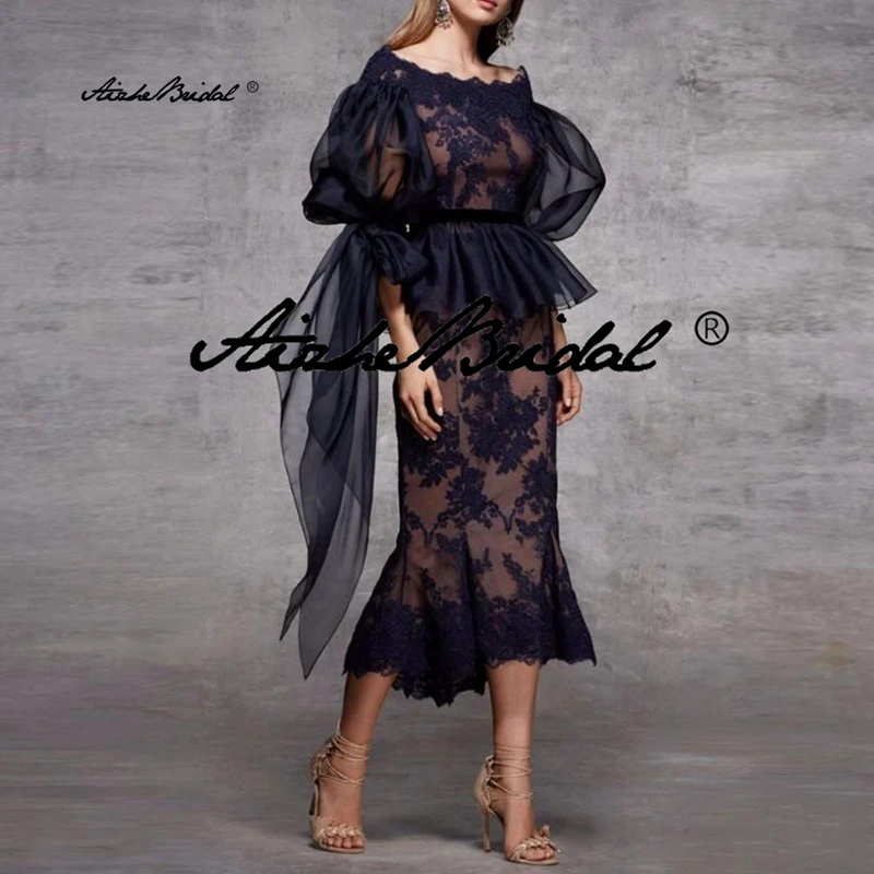 

Elegant Tea Length Mother of the Bride Dresses with 3/4 sleeve Lace Women Evening Party dress