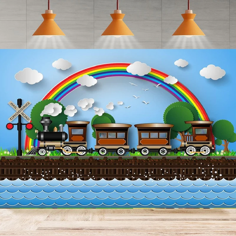 Мультяшный поезд фотография Фон железнодорожная дорога паровой голубое небо