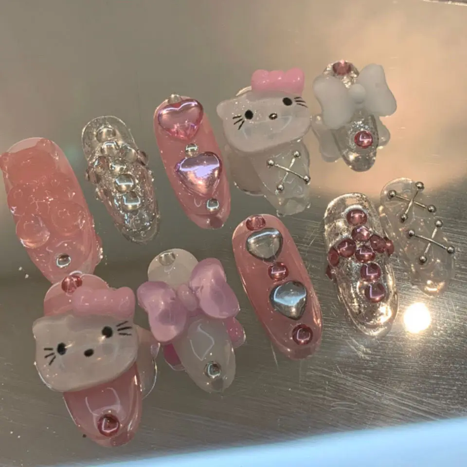 

Sanrio Cartoon Cute Hello Kitty Dyed Shiny Nail Patch Pure Handmade Wearing Nail Patch Girlfriend Style Kawaii Christmas Gift