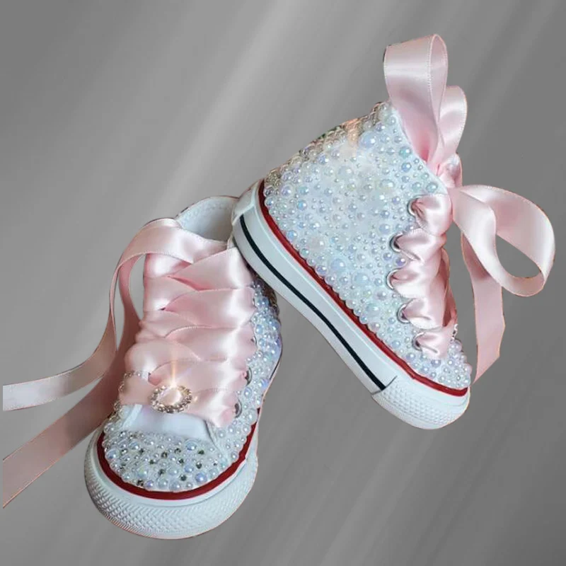 

White high-top canvas shoes stitching pearl pink ribbon walking comfortable handmade rhinestones neutral vulcanized shoes 35-46