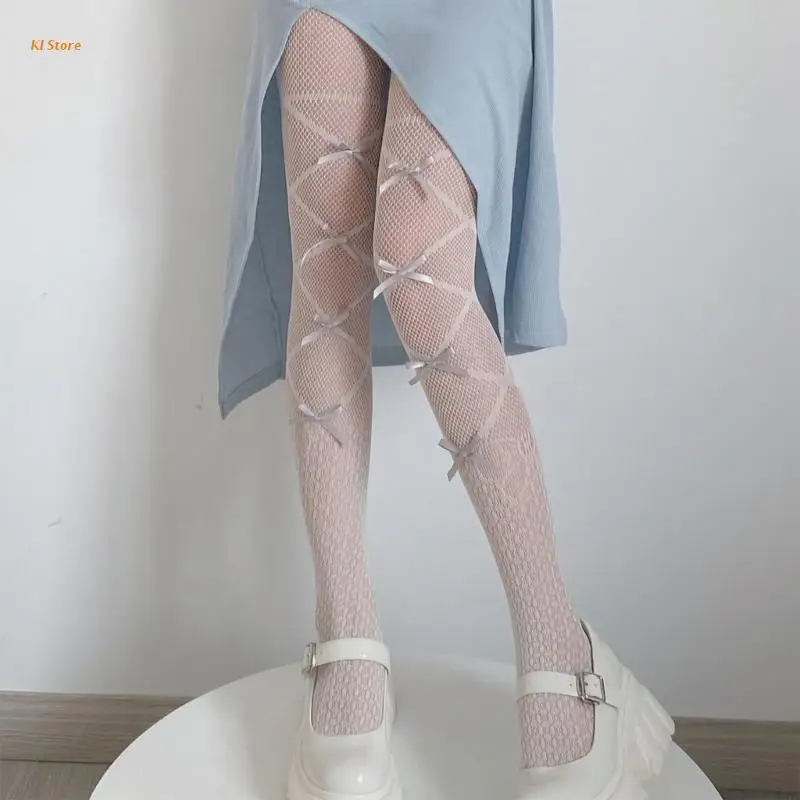 

Women Sweet Bowknot Fishnet Pantyhose Faux Crisscross Bandage Lace Mesh Tights