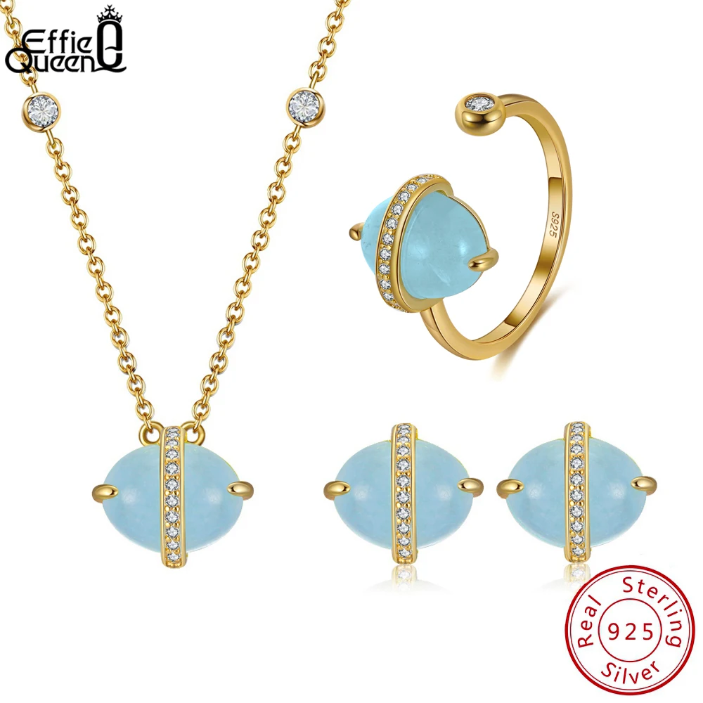Effie Queen 925 Sterling Silver Aquamarine Jewelry Set 14K Gold Plated Gemstone Earrings Necklace Ring Set Jewelry Gift SSGM04
