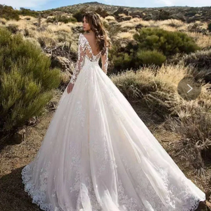 2022 Women Formal Wedding Dresses Long Sleeves V Neck Tulle Boho A Line High Split Bridal Gowns Свадебное платье vestidos noiva