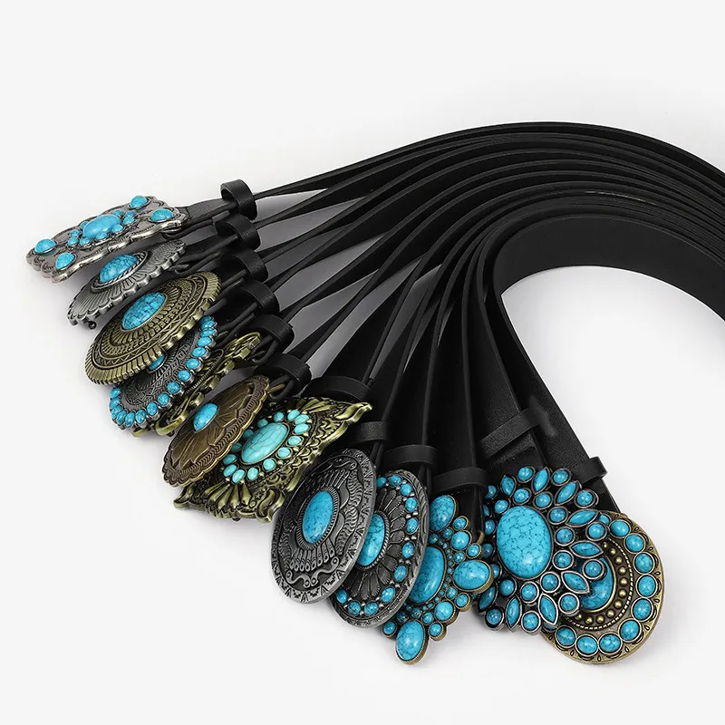 Fashion Women's PU Leather Belt Mosaic Gem Turquoise Belts Metal Buckle Arabesque Pattern Retro Lady Jeans Waistband Gift