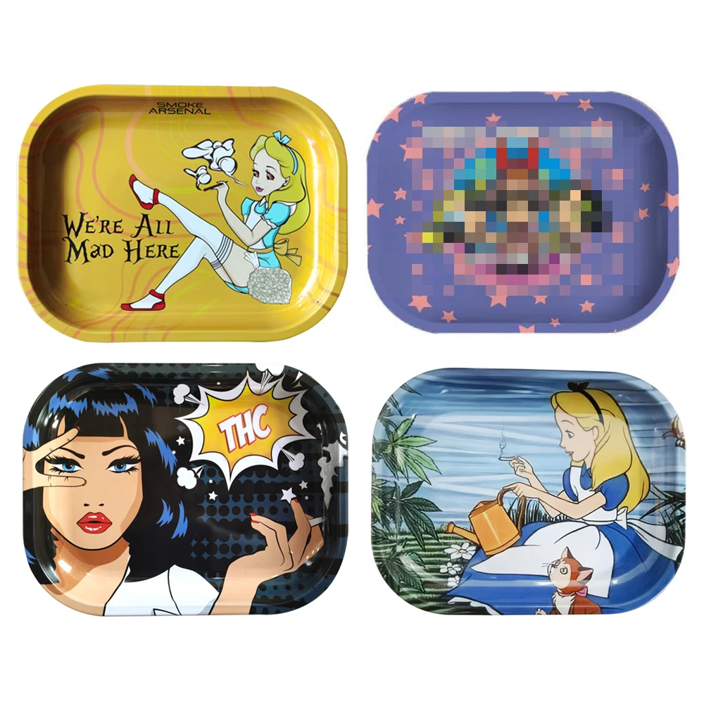 

Cartoon Girls 18*14CM Tobacco Rolling Tray Metal Cigarette Smoking Tray With Bags Herb Tobacco Tinplate Plate Grinder Tools Gift