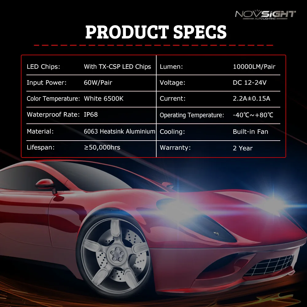 Фото Novsight N9 H7 светодиодный передняя фара H4 светодиодный фары для автомобиля 12V светодиодный H11 6500K 10000LM 60W Автомобильные фары, противотуманные лампы №2