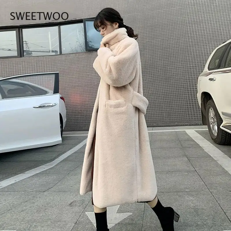 Loose Warm Outwear Luxury Faux Fur Coats Long Women Parka Fashion 2021 Winter Thick Imitation Mink Jacket Female Belt