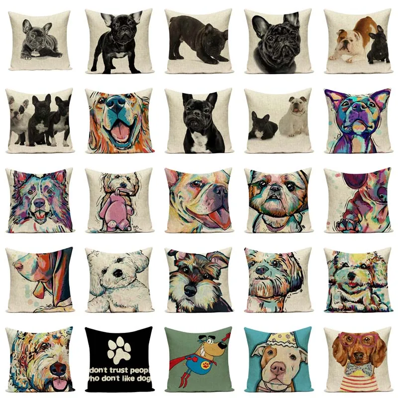 Colorul French Bulldog Cushion Cover Beagle Dog Throw Pillo Printe Linen Pillowcase Car Sofa Home Decor Pillows Taie Oreiller