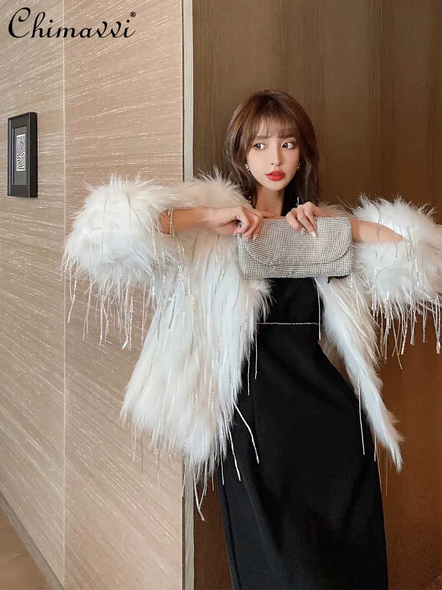 2022 Winter Coat Women Korean Style Slim Faux Fox Fur Woven Tassel Fur Short Coat Long Sleeve Mid-Length Fur Coat for Female