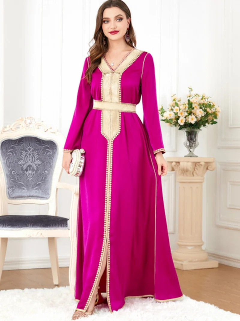 Jalabiyat Ramadan Elegant V-Neck Lace Tape Panel Belted Dress Moroccan Kaftan Robe Dubai Abaya Luxury For Muslim Women