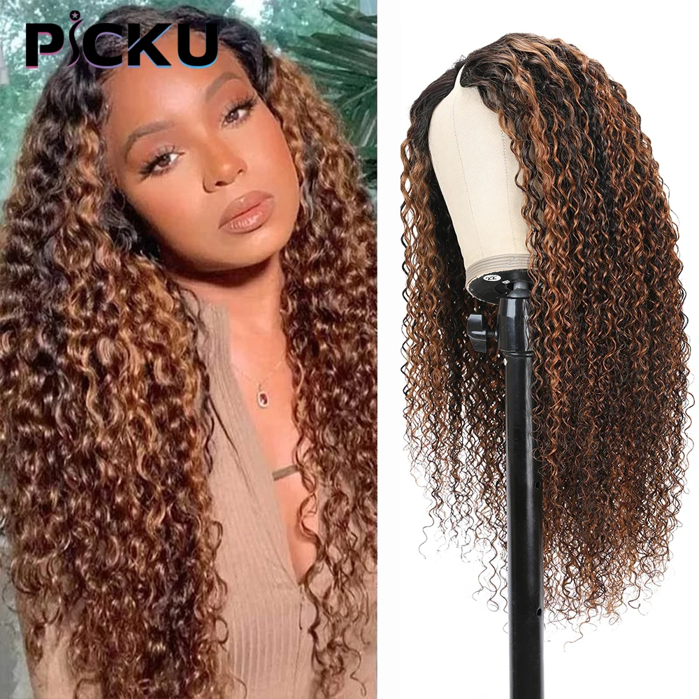 Highlight Curly Wig V Part Curly Human Hair Wigs For Black Women Brazilian Virgin Hair Wig Glueless No Leave Out No Sew In 250%