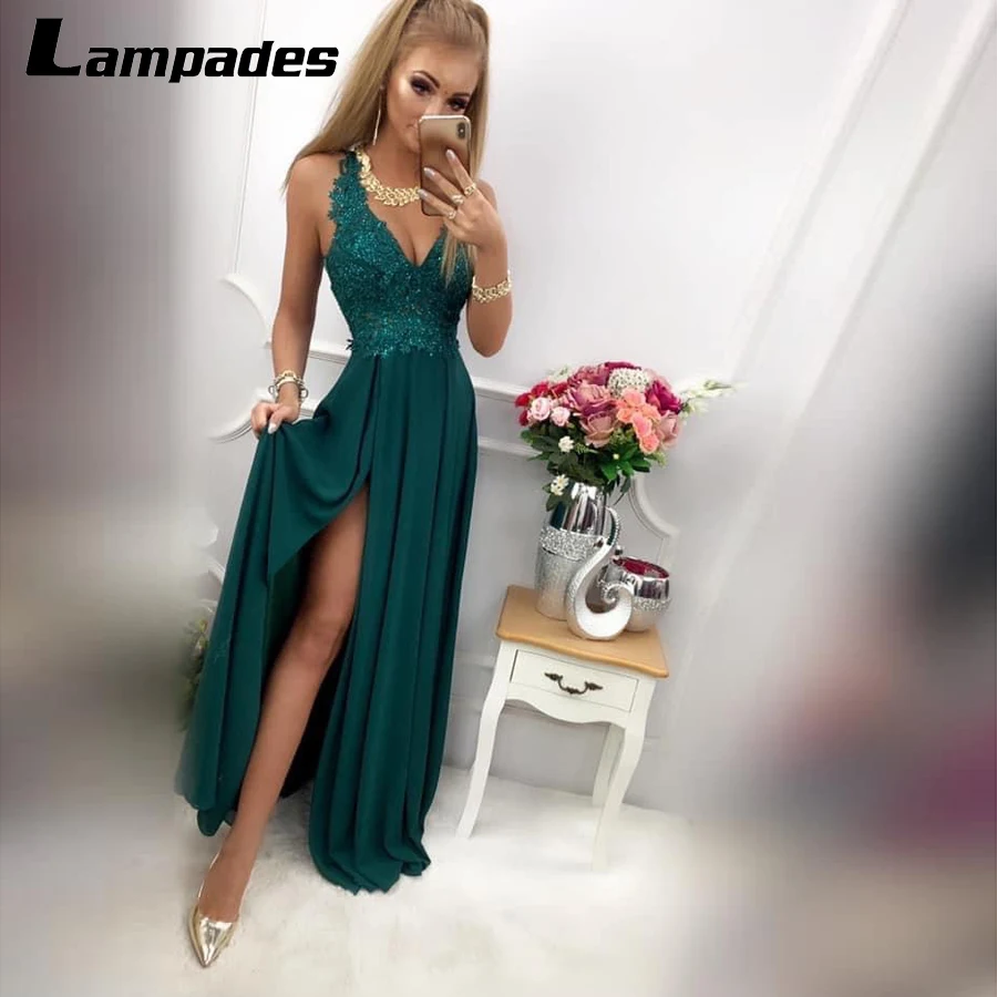 

vestidos de luxo para festa Open Back Chiffon Sexy Evening Dress High Slit Long Party Dress abendkleider elegant für hochzeit