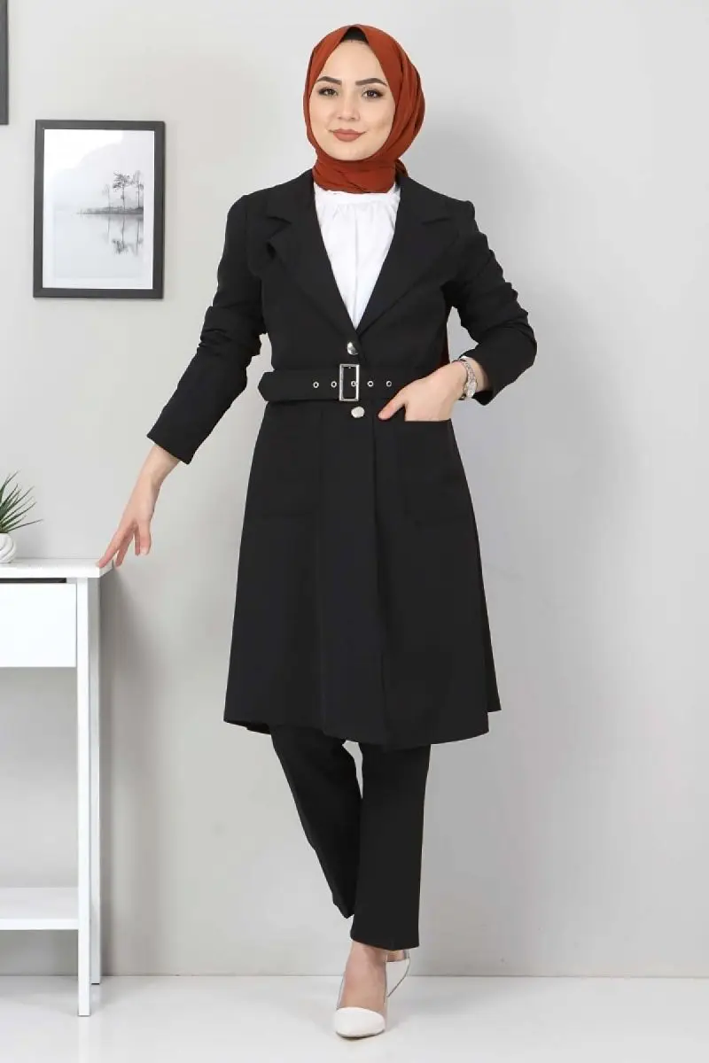 

Kemerli Coat Pant Twinset Black Hijab Kemerli Coat Pant Set with Dual