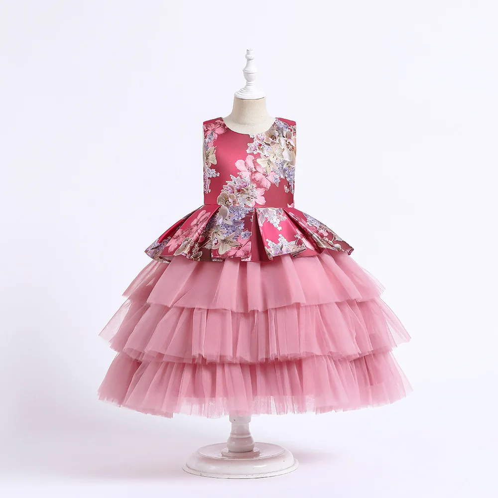 

New Kids Dresses For Girls Floral Print Layered Children's Party Evening Dress Princess Wedding Clothes Costume 6 7 8 10 Years
