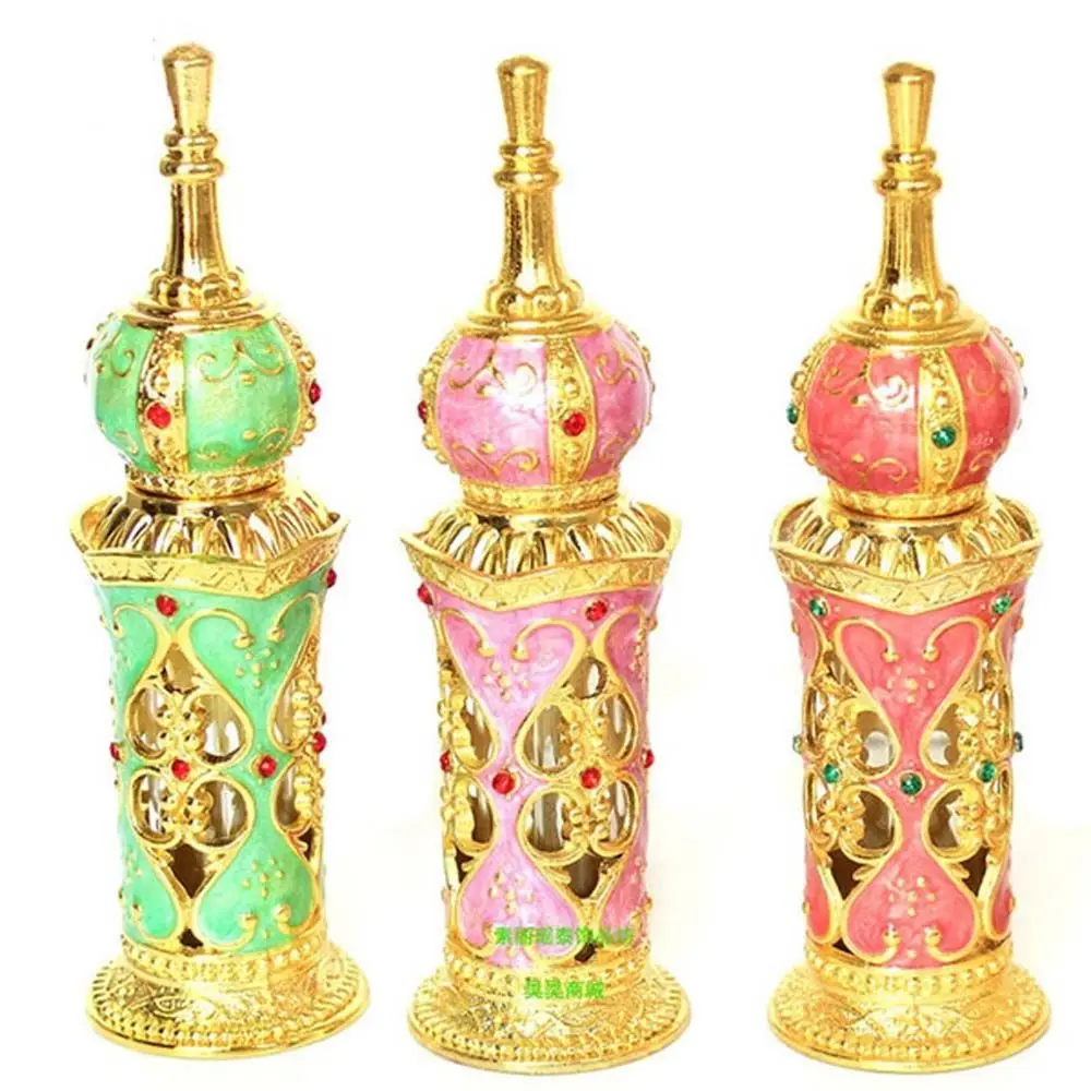 

1 Pc 12ml Trendy Antiqued Metal Perfume Bottle Portable Arabic Crystal Oil Bottles Gold Metal Perfume Bottle With Glass Dropper