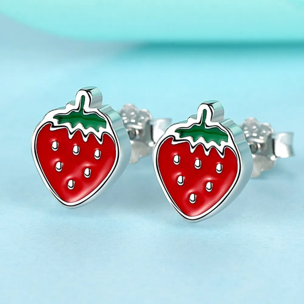 

Cartoon Fruit Sterling Silver Drip Oil Red Strawberry Stud Earrings Sterling Silver Earrings
